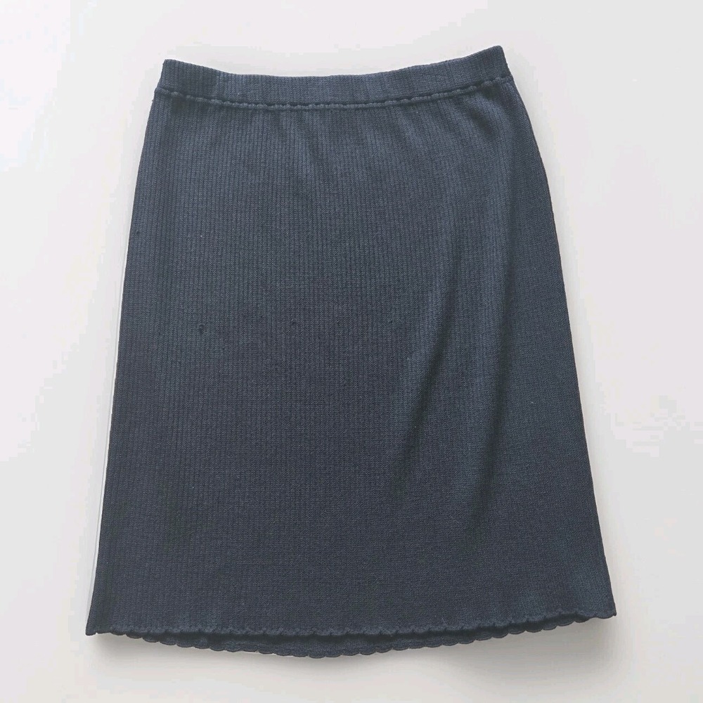 VTG St. John Marie Basics Black Pencil Skirt 12 Scalloped Trim Knit Wool Blend